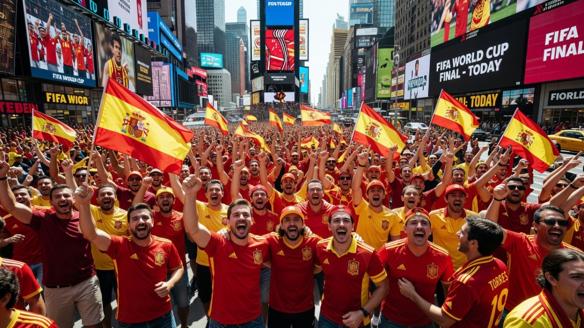 Spanish fans celebrating in Times Square, New York, ahead of the World Cup final against Argentina