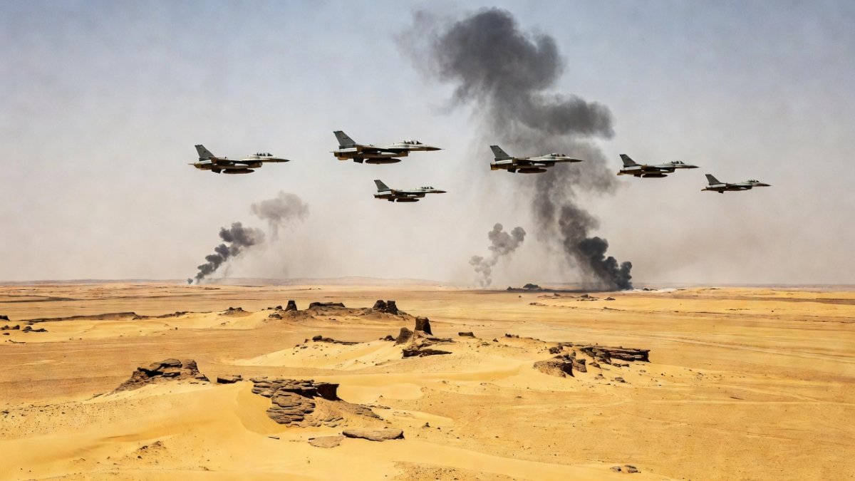 Strait of Hormuz with military presence and cargo shipping