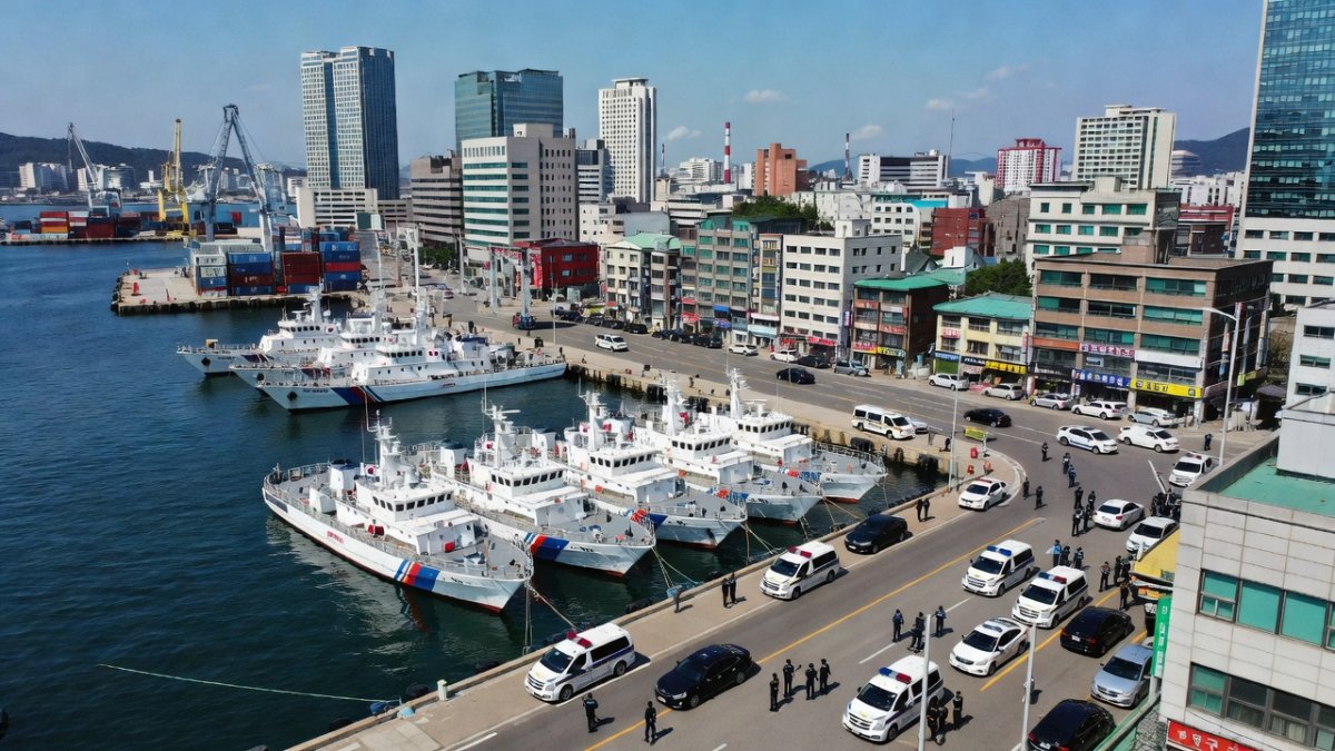 South Korean coast guard vessels and police presence at Jeju port
