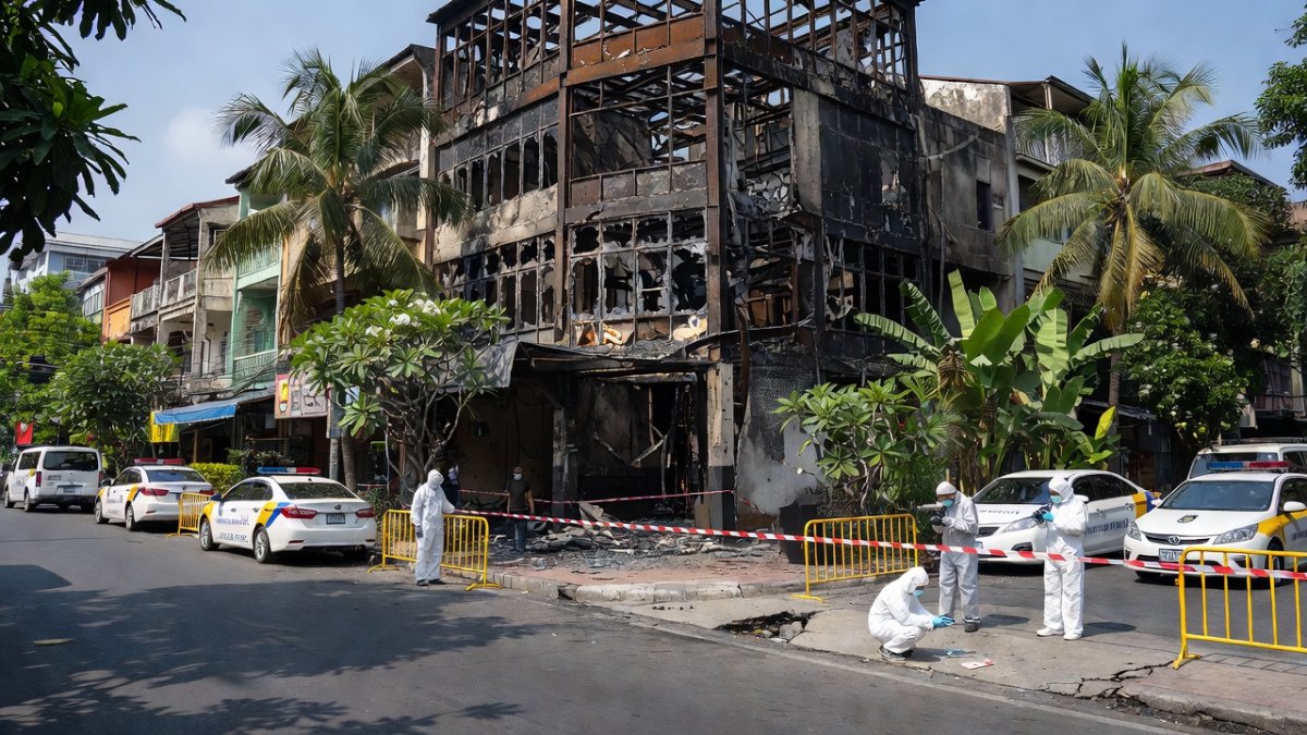 Forensic investigators at the scene of the deadly Bangkok pub fire