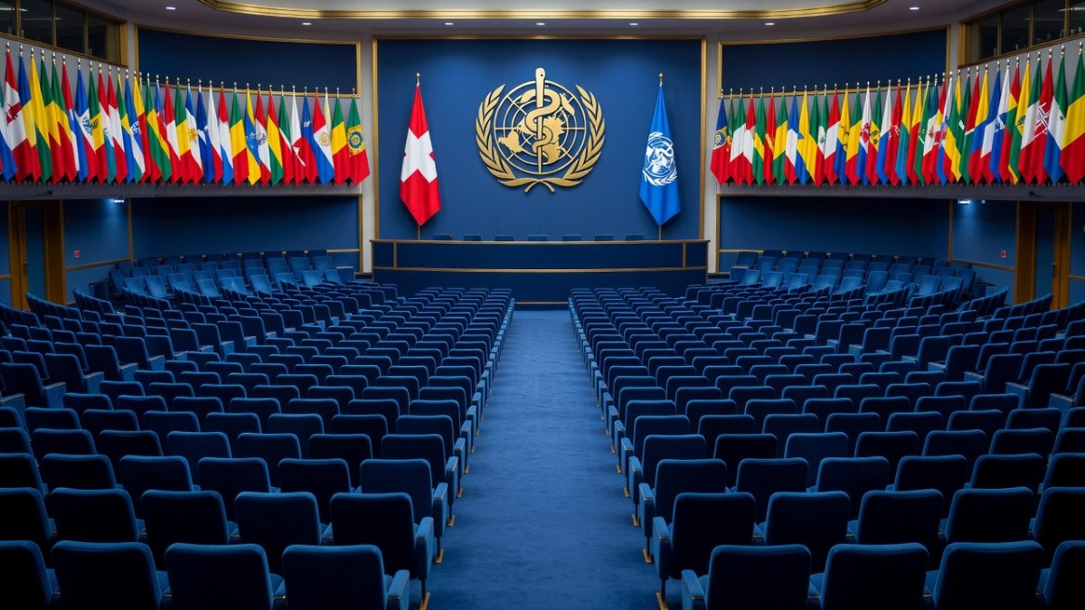 Empty WTO conference hall with flags of multiple nations