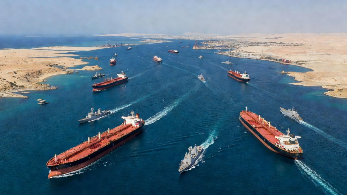 Aerial view of the Strait of Hormuz with shipping lanes and coastline
