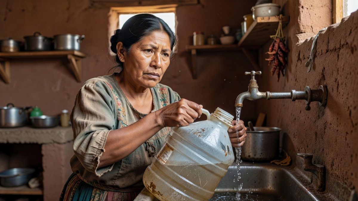 Mexican mother with water container in rural kitchen