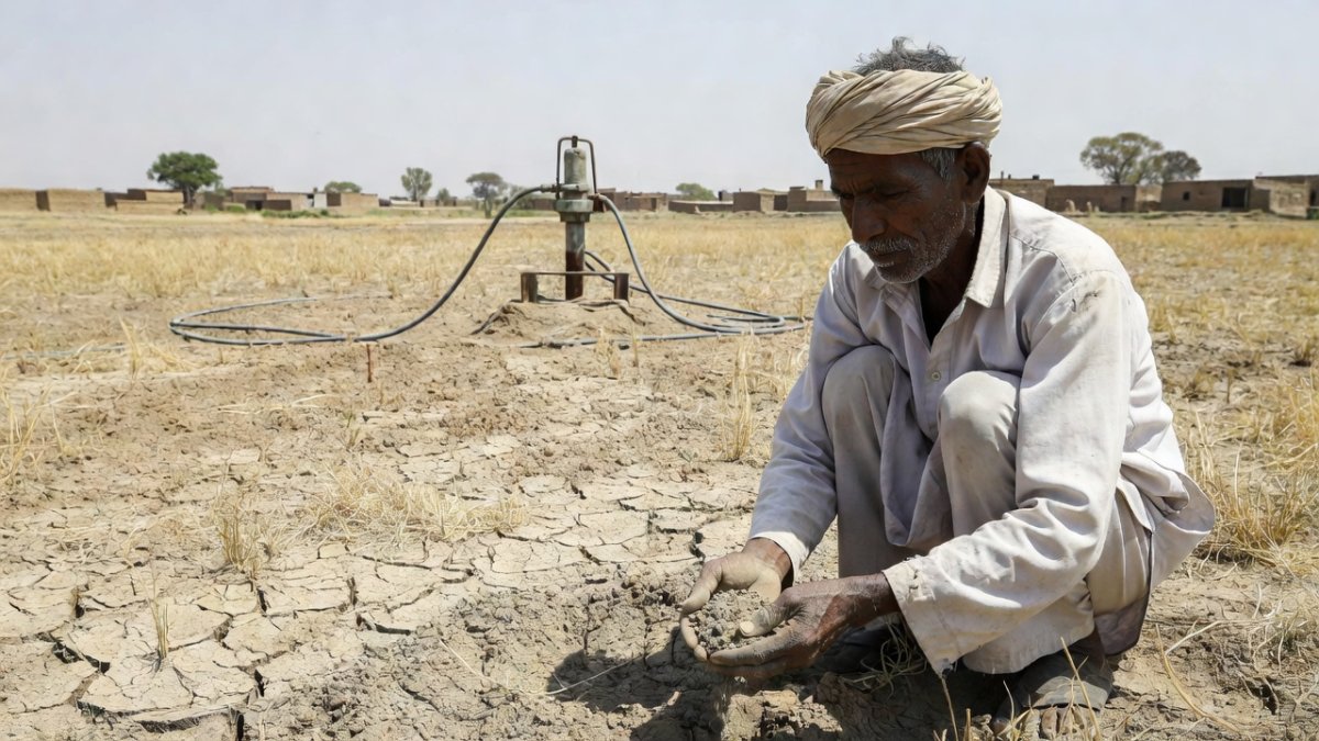 Farmer examining dry soil near a water pump in rural Haryana
