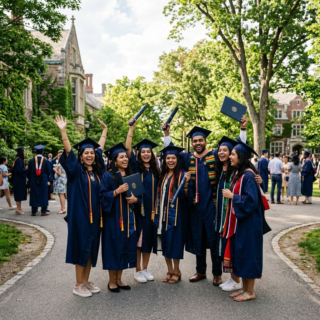Indian students celebrate at a US university graduation ceremony