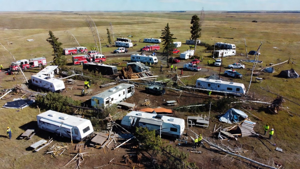 Aerial view of storm damage and emergency response at Dillberry Lake Provincial Park campground