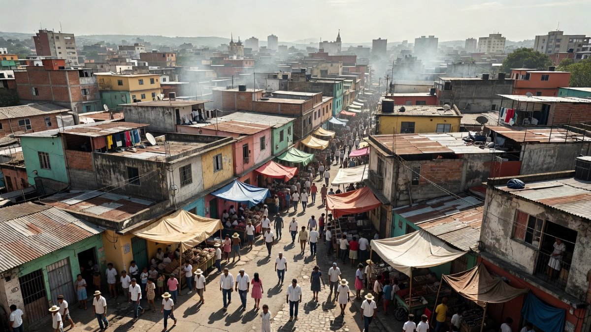 Crowded Latin American urban neighborhood during extreme heat