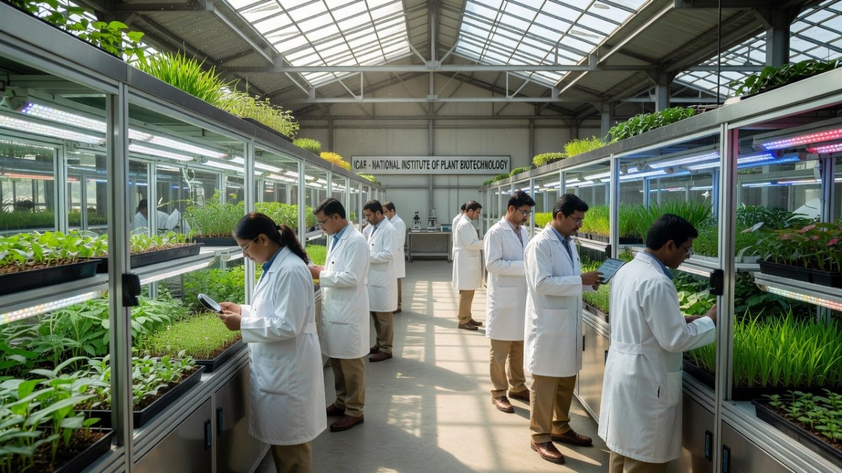 Indian agricultural research greenhouse with LED-lit plant growth chambers