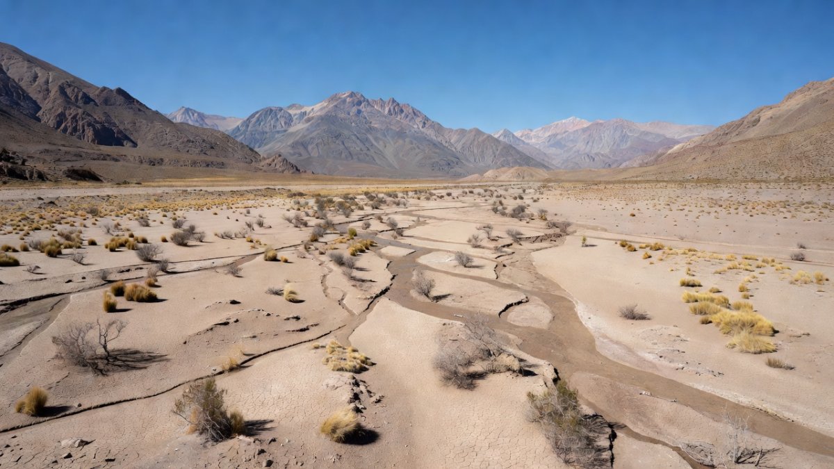Wide landscape of drought-stricken Chilean Andes with dry riverbeds