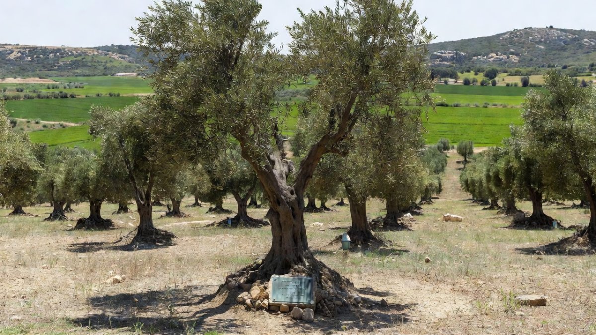 Memorial plaque on olive tree dedicated to the Bibas family
