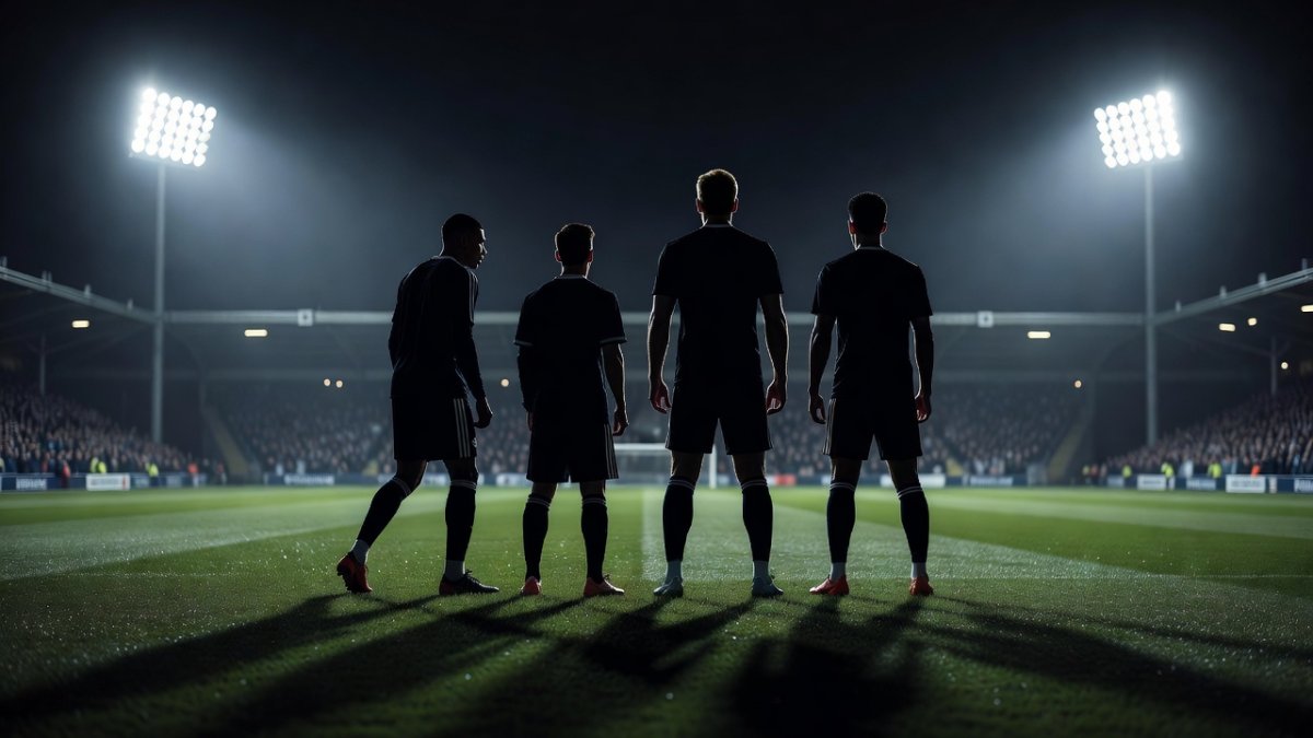 Silhouettes of World Cup 2026 stars Mbappe, Messi, Kane and Bellingham on the pitch