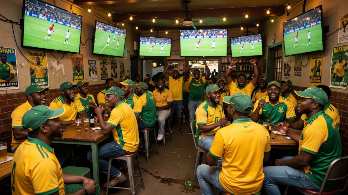 South African sports fans gathered at a Johannesburg sports bar watching the Spain versus Argentina World Cup final on a large screen, wearing Bafana Bafana and Springboks merchandise