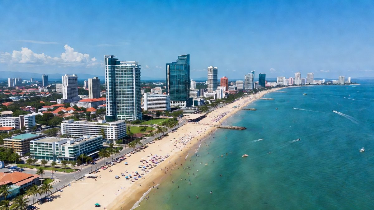 Aerial view of Pattaya city and coastline in Chon Buri province, Thailand
