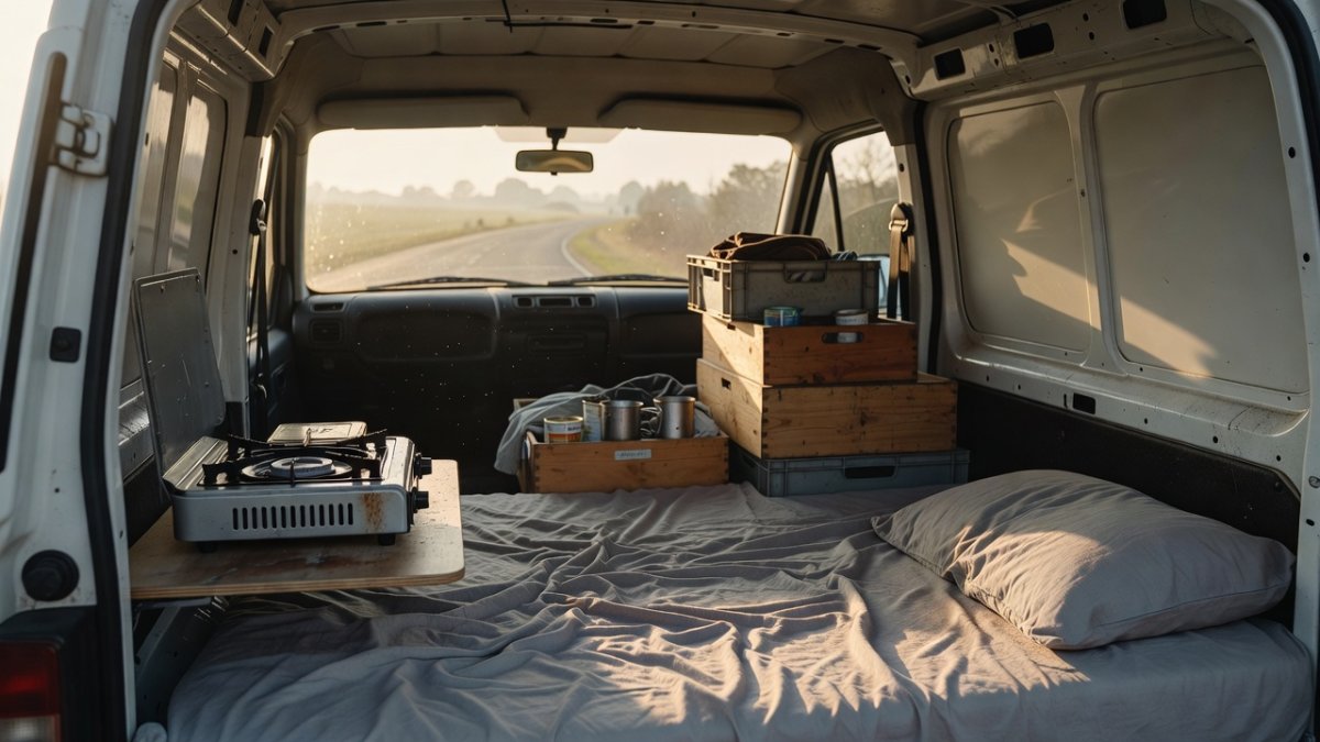 Interior of a converted transit van used for dwelling in Cornwall