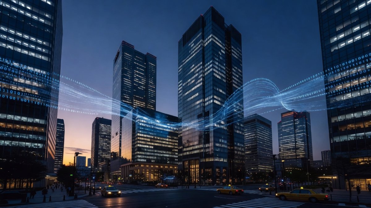Financial district in Tokyo with cybersecurity concept overlay