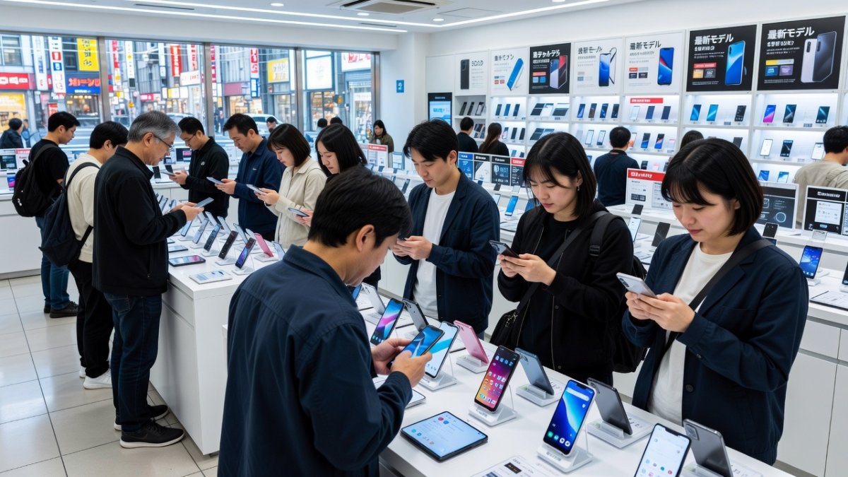 Japanese consumers browsing smartphones in a Tokyo electronics store