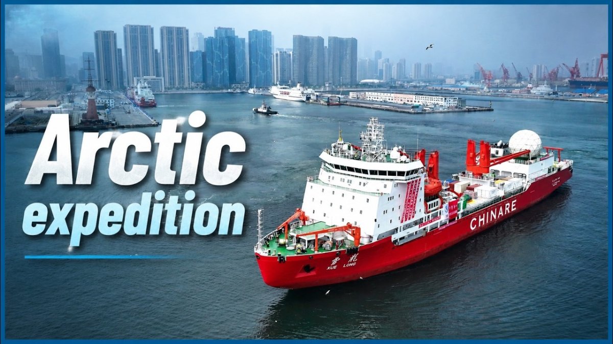 Aerial view of Chinese research vessels at Dalian Port preparing for Arctic expedition