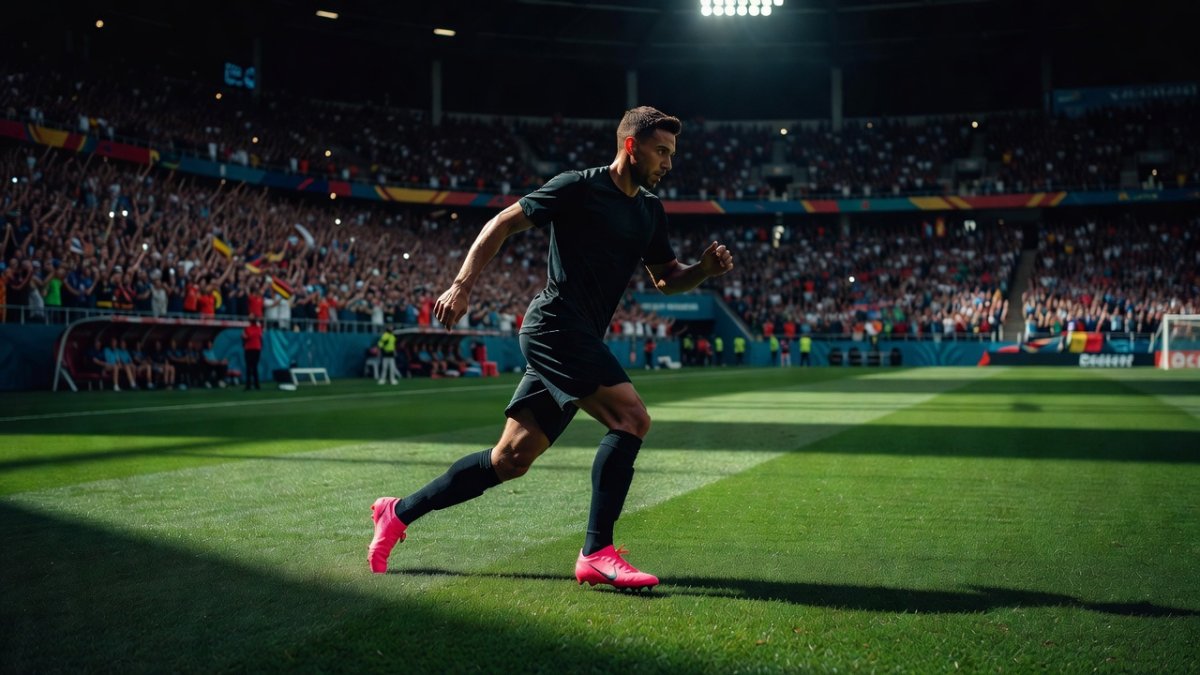 A football player wearing neon pink boots during a World Cup 2026 match, with stadium crowd visible in background