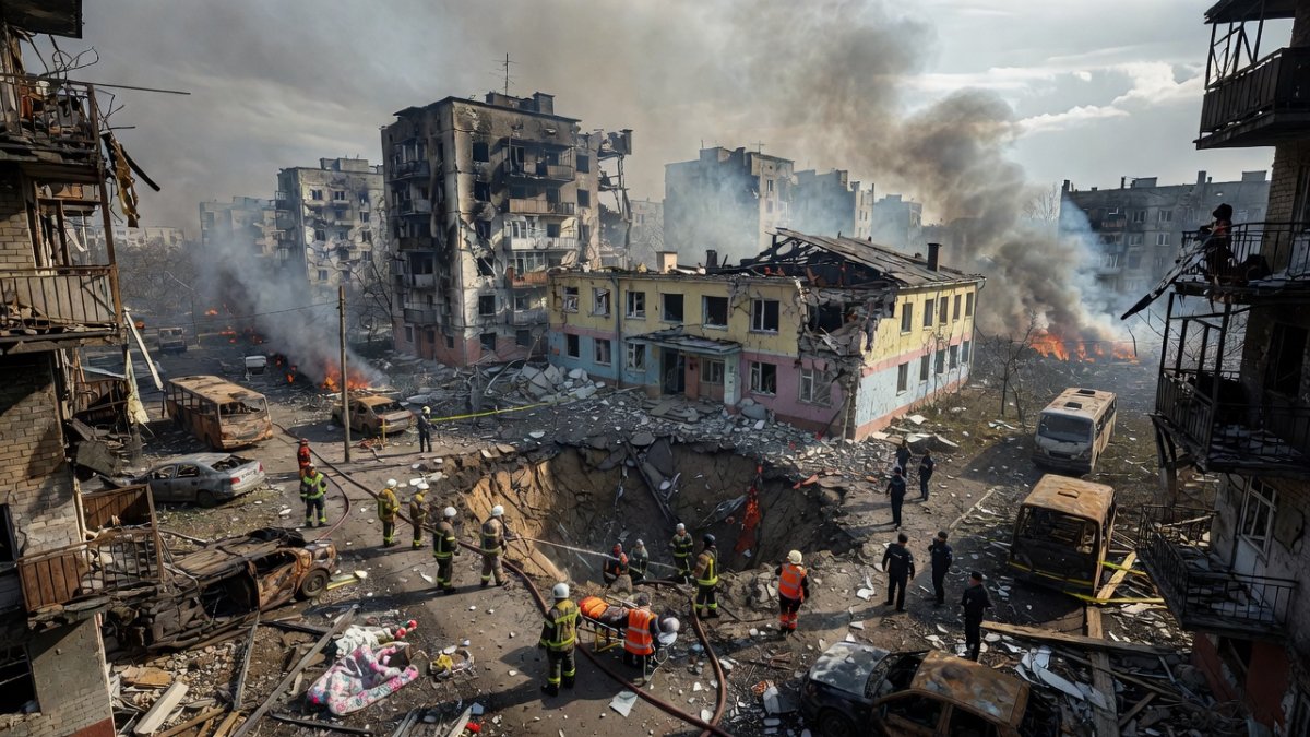 A large blast crater next to a kindergarten in Kyiv's Darnitskyi district, with destroyed apartment buildings and twisted metal balconies visible in the background