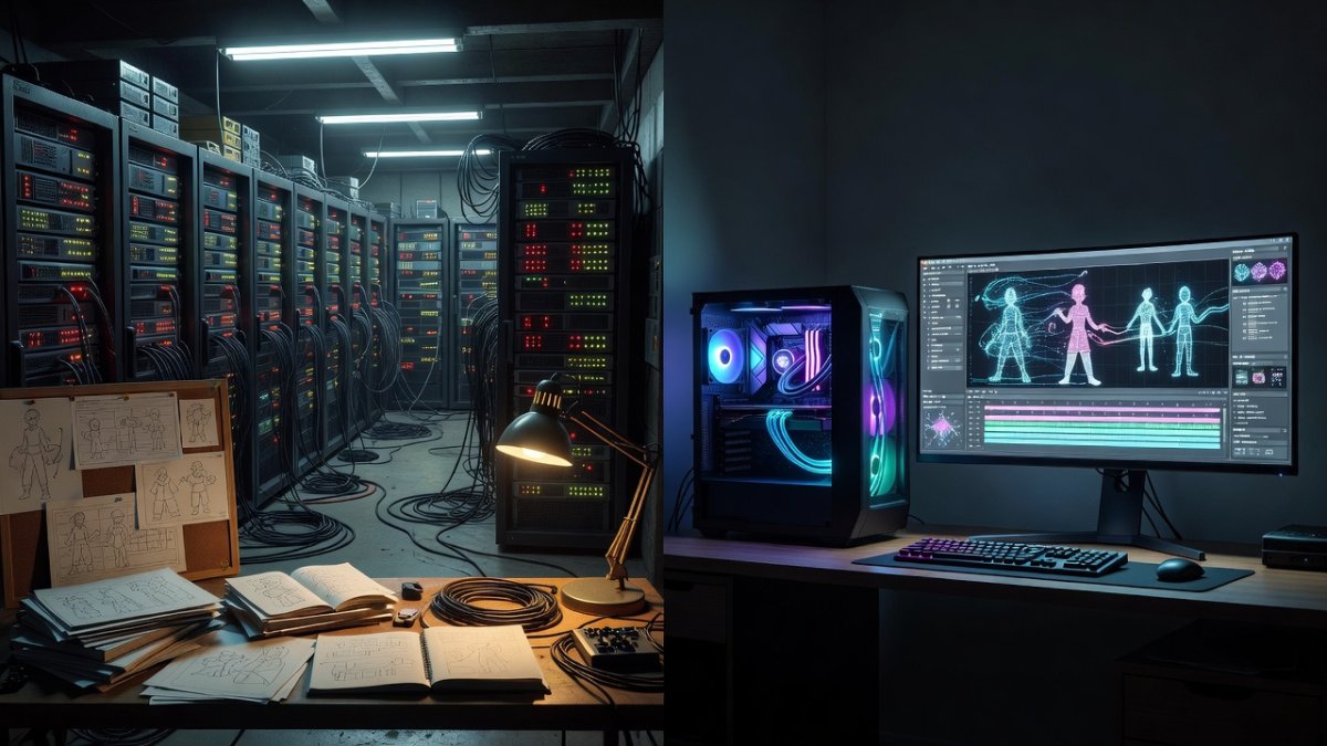 AI animation workflow comparison showing render farm vs single GPU setup