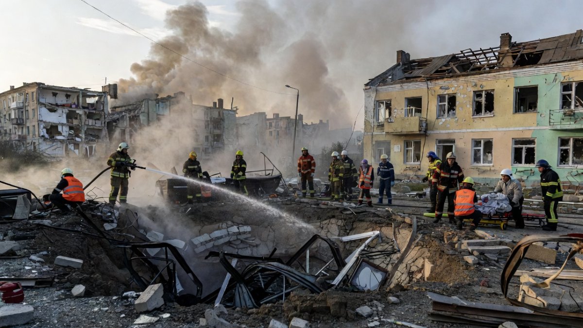 Rescue workers at a crater next to a kindergarten in Kyiv after missile strike