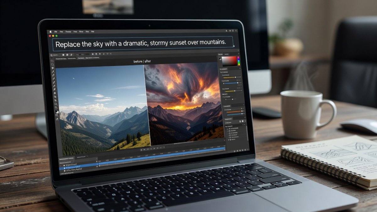 Laptop screen displaying AI-powered automatic image retouching before and after