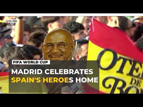 Spain World Cup 2026 champions celebrate with trophy during open-top bus parade
