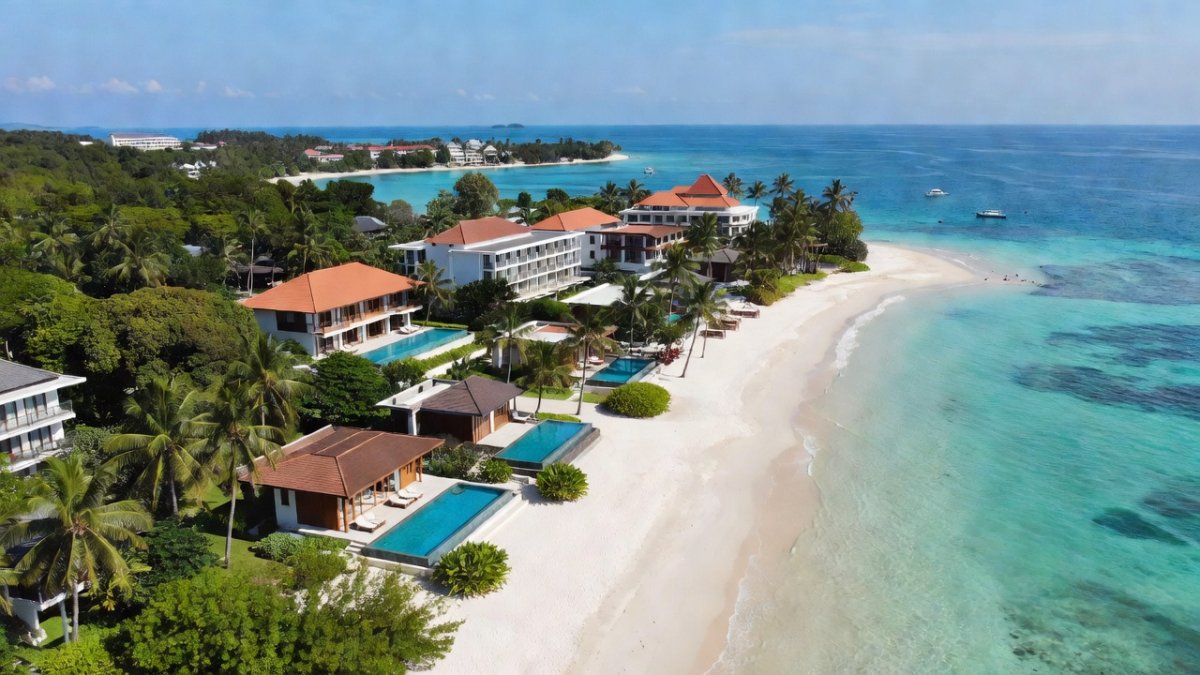 Aerial view of Koh Samui coastline with villa developments and resort hotels
