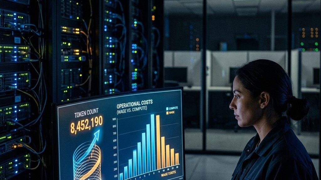 Enterprise AI spending meter climbing past wage costs in a data center