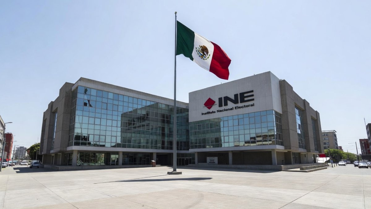 INE building in Mexico City with Mexican flag