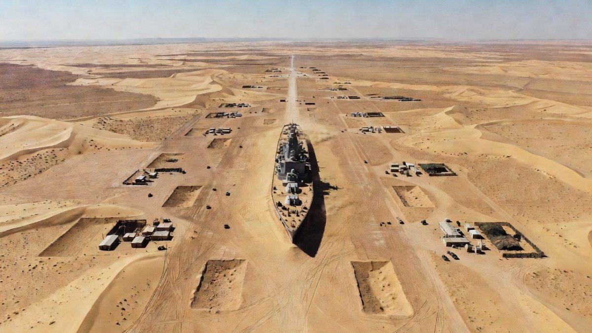 Satellite view of the Ruoqiang Test Range in the Taklamakan Desert, showing the replica target