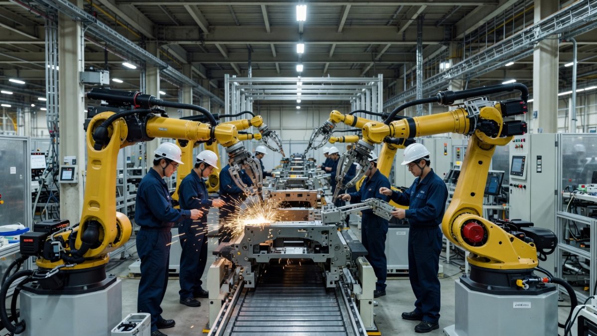 Japanese factory automation facility with industrial robotic arms on an assembly line