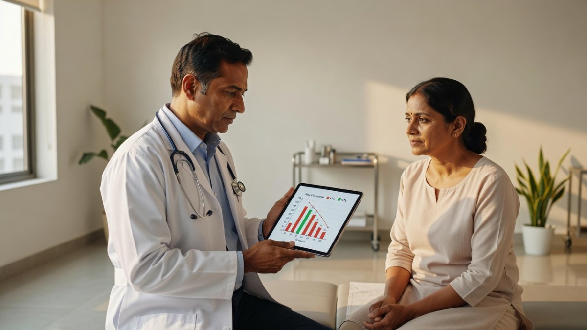 Indian doctor reviewing cholesterol test results with patient in clinic