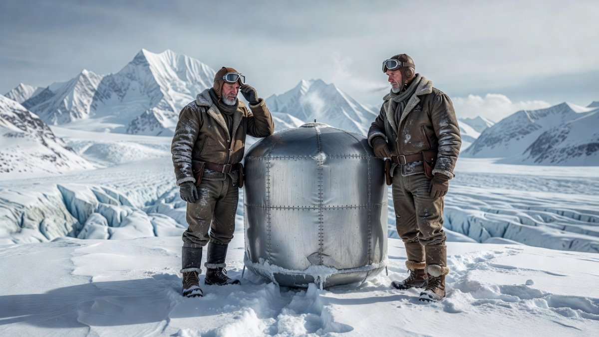 The balloon gondola resting on an Alpine glacier after the historic 1931 flight