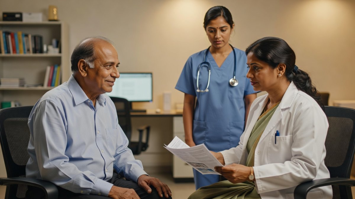 Cancer patient consultation with doctor reviewing medical reports in India