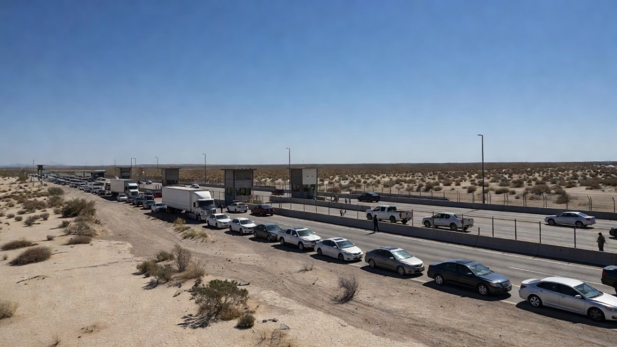 Wide angle view of the US-Mexico border crossing with vehicles at checkpoint