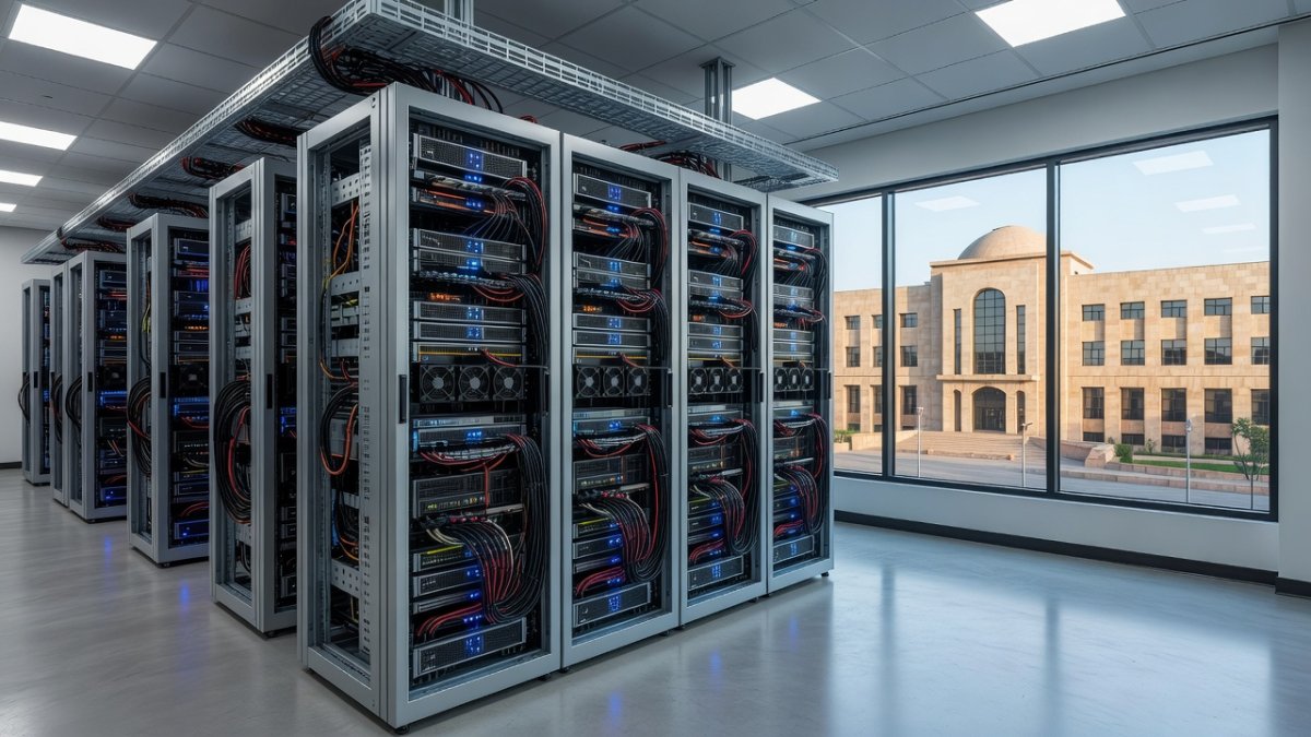 Modern data center with GPU servers representing India's national AI compute infrastructure