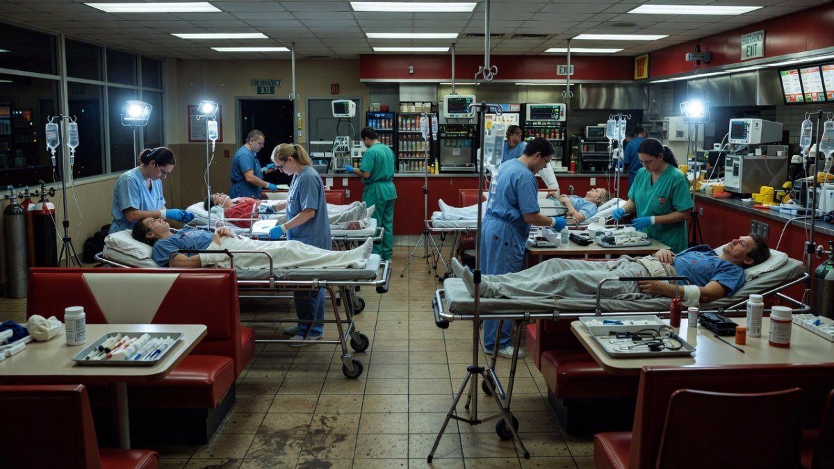Makeshift field hospital inside a converted McDonald restaurant in Caraballeda treating earthquake survivors