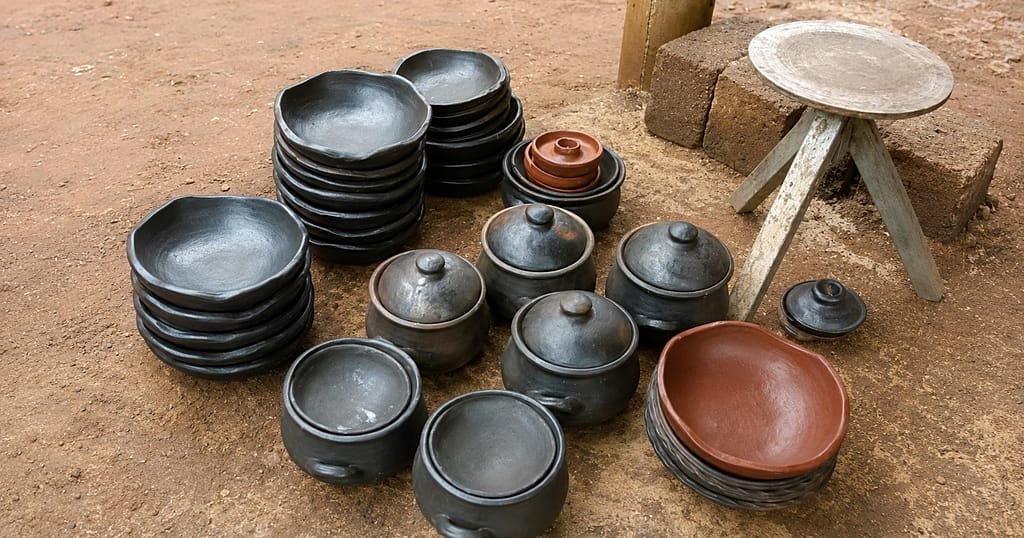 Finished pottery displayed along the road in Sè village, showing traditional Beninese ceramic art