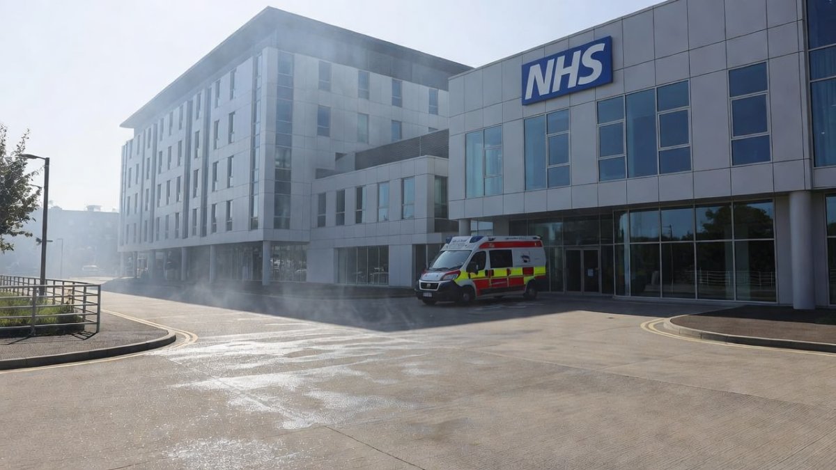 Exterior of an NHS hospital in England during extreme heat conditions, with ambulance entrance visible