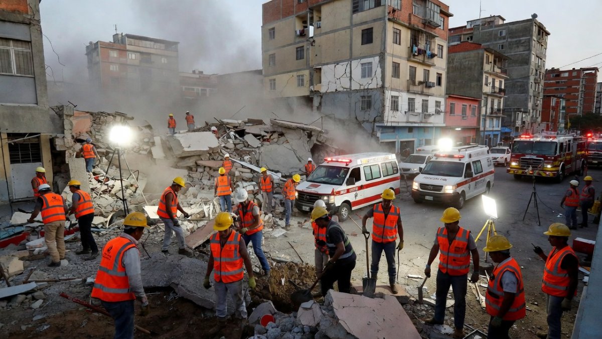 Search and rescue teams working at a collapsed building in Catia La Mar