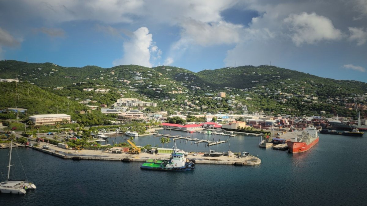 Charlotte Amalie Harbour with lush green mountains on St. Thomas