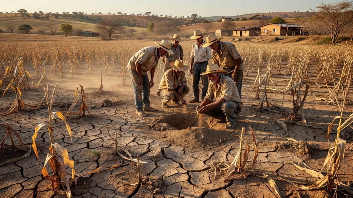 Cracked dry earth and withered crops on a rural Latin American farm during El Niño drought