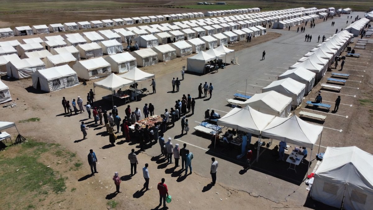 Temporary shelter camp for earthquake survivors in Venezuela with tents and aid distribution
