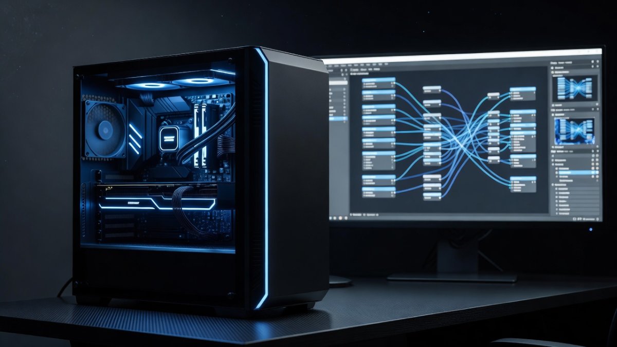Computer workstation with GPU running AI animation software in ComfyUI