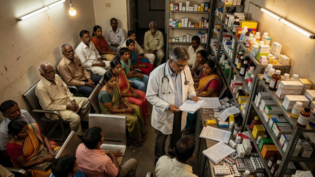 Delhi clinic scene showing patients and doctor examining health reports, highlighting the fatty liver screening gap in India
