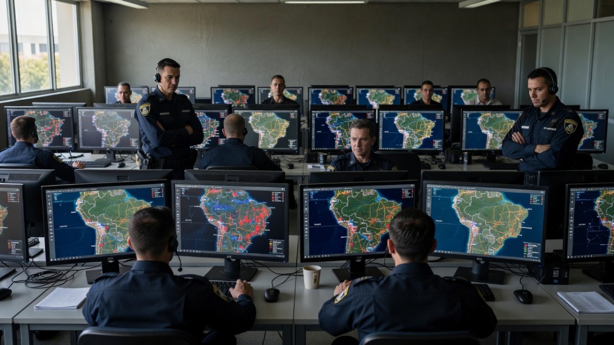 Police operations center monitoring trafficking routes in Latin America