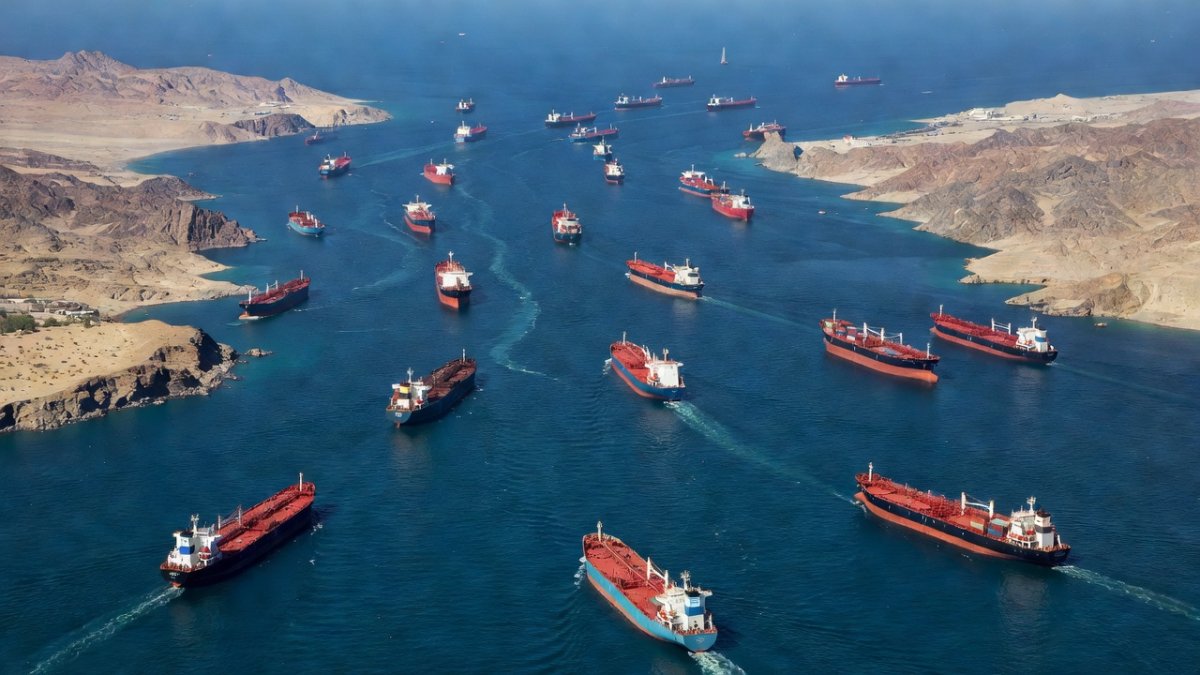 Oil tankers and cargo ships at the Strait of Hormuz