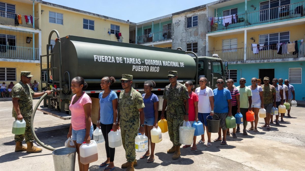 Puerto Rico National Guard water truck distributing water in San Juan