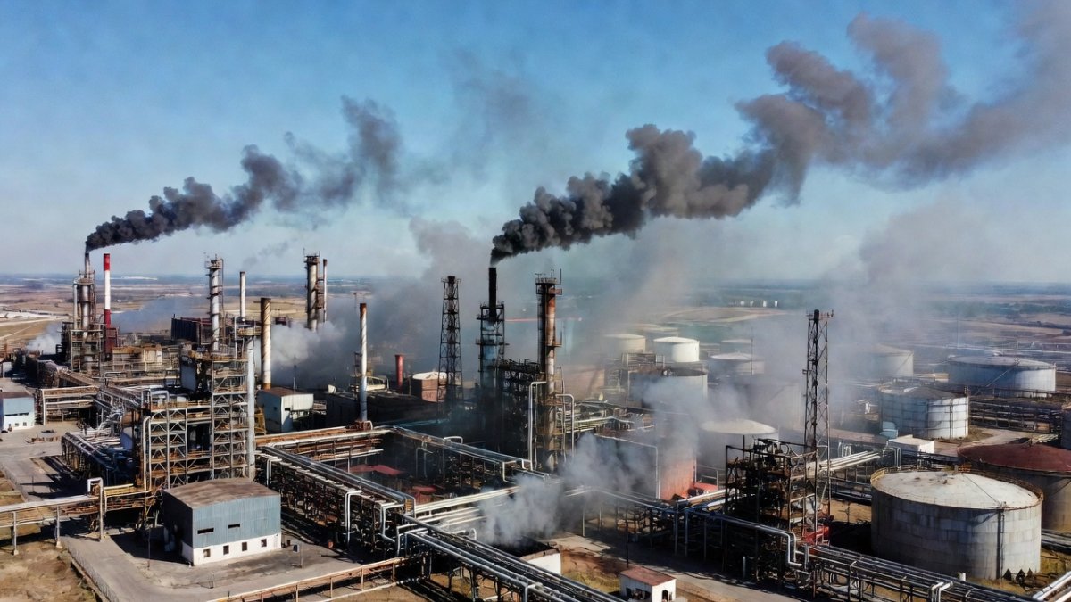 Aerial view of an oil refinery in Russia affected by drone strikes